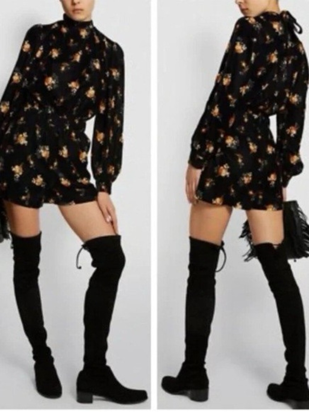 Maje Inouk Floral Velvet Puff Sleeve Playsuit Black Floral Romper/ Size 36/ NWT